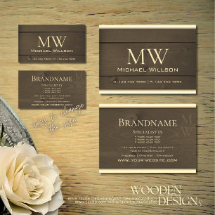 Dark Brown Wooden Boards Wood Grain Look Monogram Business Card