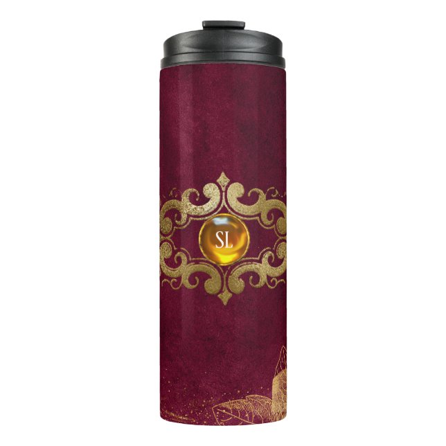 Dark Burgundy and Gold Gemstone Monogram Thermal Tumbler (Front)
