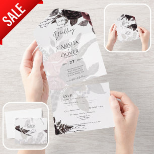 Dark Burgundy Black Roses Wedding Fall Winter All In One Invitation