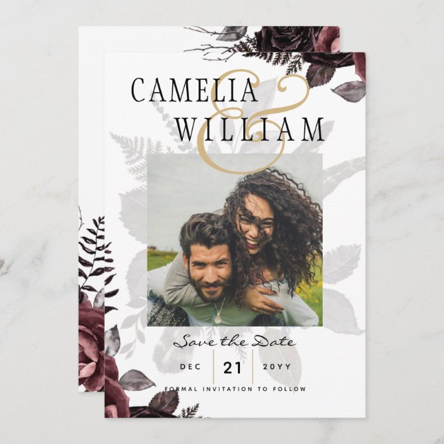 Dark Burgundy Black Roses Wedding Fall Winter Invitation (Front/Back)