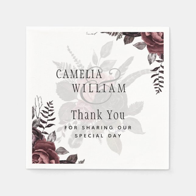 Dark Burgundy Black Roses Wedding Fall Winter Napkin (Front)
