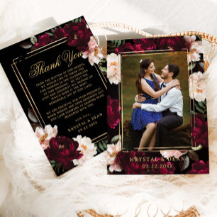 Dark Burgundy Blush Black Floral Wedding Photo Thank You Card