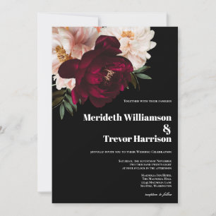 Dark Burgundy & Blush Floral Black Modern Wedding Invitation