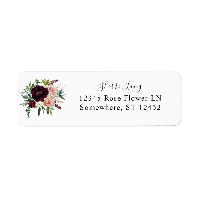 Dark Burgundy & Blush Pink Floral Return Address Label (Front)