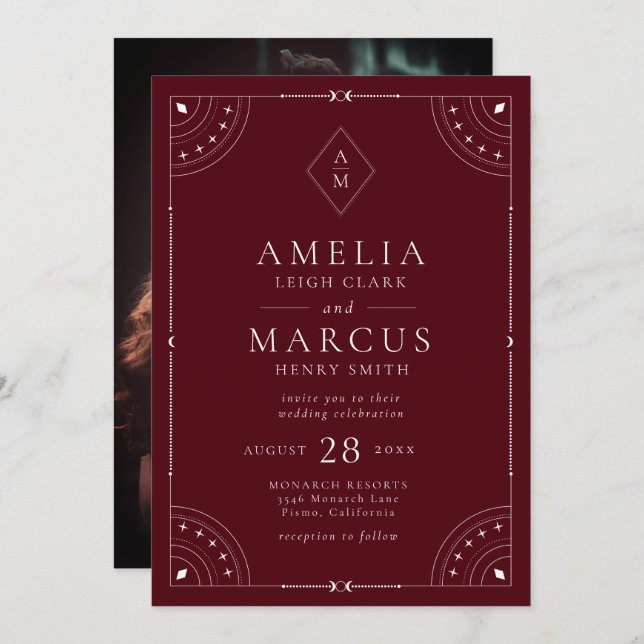 Dark Burgundy Celestial Moon & Stars Wedding Invitation (Front/Back)