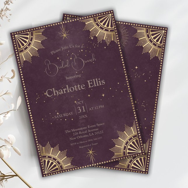 Dark Burgundy Celestial Sun and Moon Bridal Brunch Invitation (Creator Uploaded)