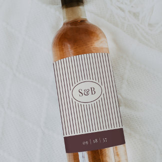 Dark Burgundy Classic Pinstripe Wedding Monogram Wine Label