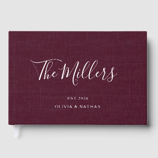 Dark Burgundy Faux Linen Elegant Script Wedding Guest Book