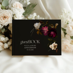 Dark Burgundy Floral Moody Black Elegant Romantic Guest Book