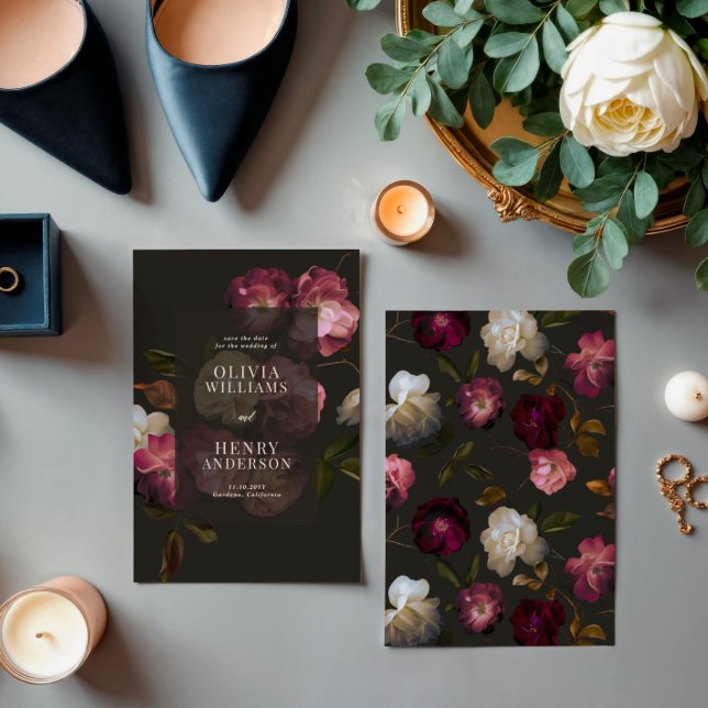 Dark Burgundy Floral Moody Black Elegant Romantic Save The Date (Creator Uploaded)