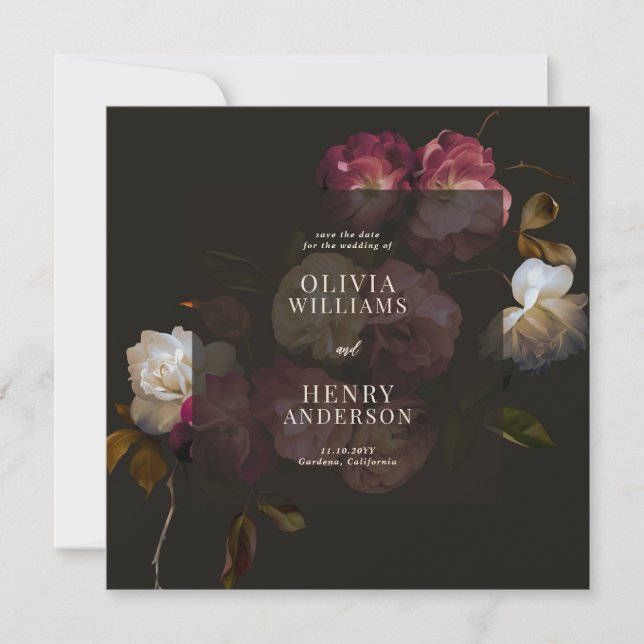 Dark Burgundy Floral Moody Black Elegant Romantic Save The Date (Front)