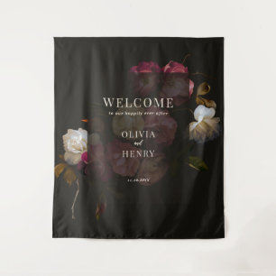 Dark Burgundy Floral Moody Romantic Welcome Sign Tapestry
