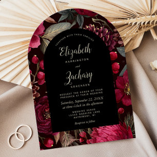 Dark Burgundy Floral Pinecone Pattern Arch Wedding Invitation