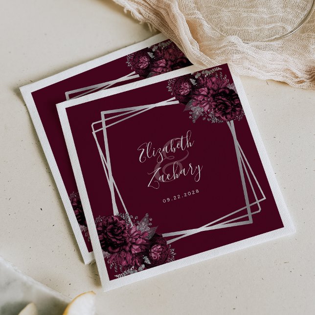Dark Burgundy Floral Silver Geometric Wedding Napkin (Creator Uploaded)