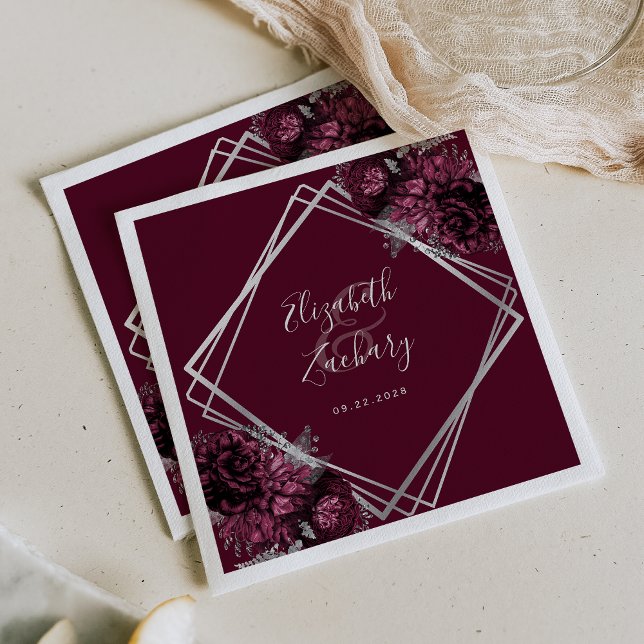 Dark Burgundy Floral Silver Geometric Wedding Napkin (Creator Uploaded)