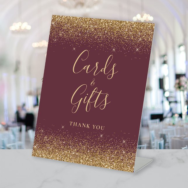 Dark Burgundy Gold Glitter Wedding Cards and Gifts Pedestal Sign (Creator Uploaded)