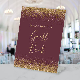 Dark Burgundy Gold Glitter Wedding Guest Book Pedestal Sign