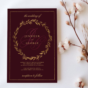 Dark burgundy gold monogram initials Wedding Invitation