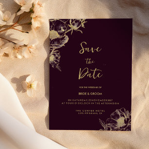 Dark burgundy gold peony floral Save the Date Invitation