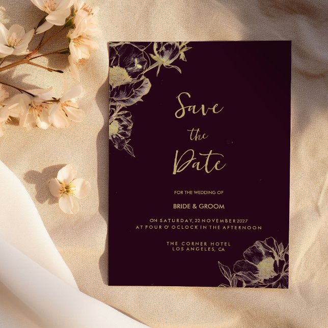 Dark burgundy gold peony floral Save the Date Invitation (Dark burgundy gold peony floral Save the Date)