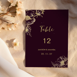 Dark burgundy gold peony floral Table Numbers 