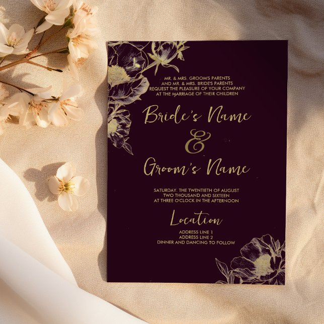 Dark burgundy gold peony floral Wedding Invitation (Dark burgundy gold peony floral Wedding )