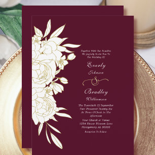 Dark Burgundy Gold White Floral Elegant Wedding Invitation