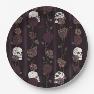 Dark Burgundy Gothic Skull & Rose Stripes Paper Plate