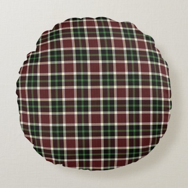 Dark Burgundy Green White Tartan Plaid Pattern Round Cushion (Front)