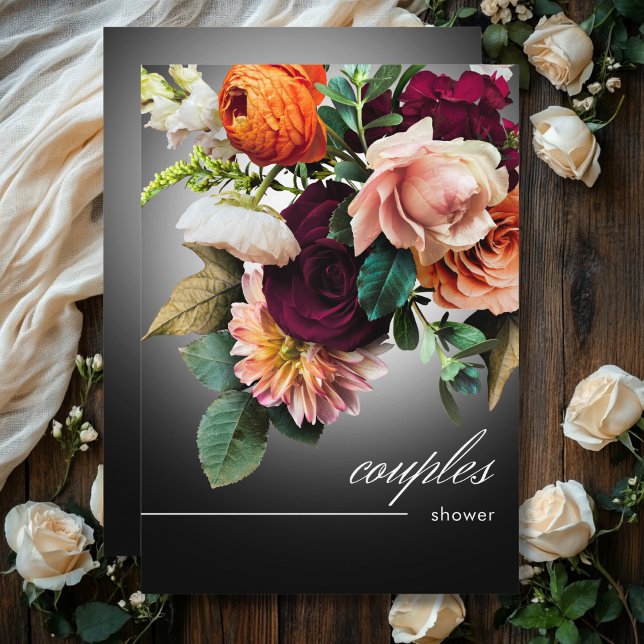 Dark Burgundy Orange Floral Romance Couples Shower Invitation (Dark Burgundy Orange Floral Romance Couples Shower Invitation)