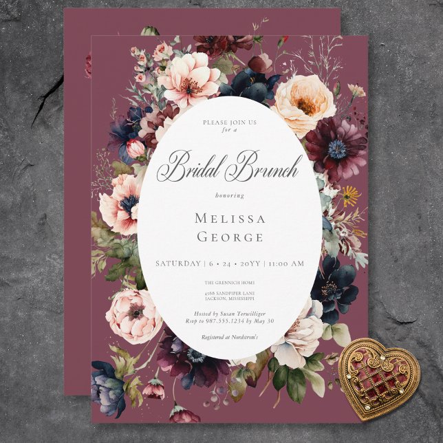 Dark Burgundy Oval Floral Frame Bridal Brunch Invitation (Dark Burgundy Oval Floral Frame Bridal Brunch Invitation)