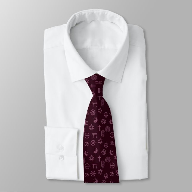 Dark Burgundy Red Interfaith Symbols Pattern Tie (Tied)
