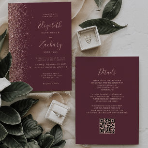 Dark Burgundy Rose Gold Glitter QR Code Wedding Invitation