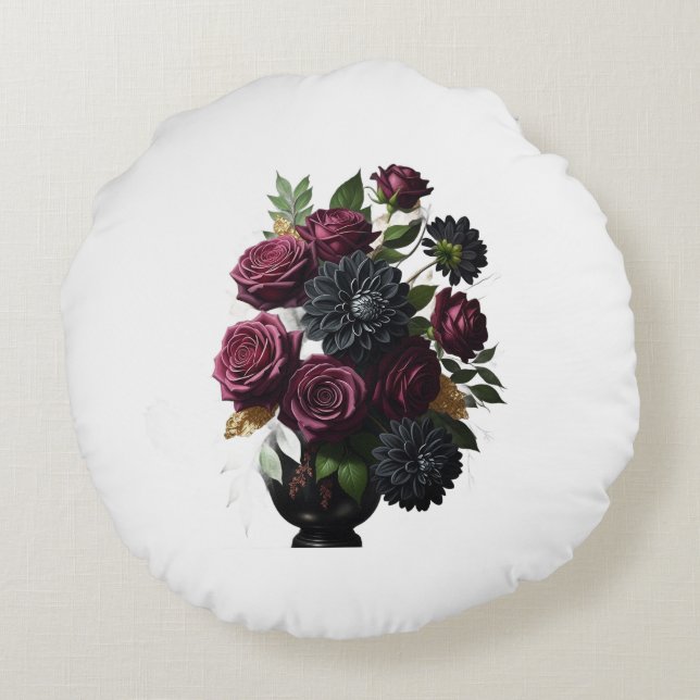 Dark Burgundy Roses and Black Dahlias Round Cushion (Back)