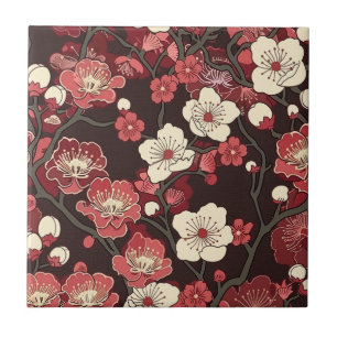 Dark Burgundy Sakura Floral Coral Blossom Pattern Ceramic Tile