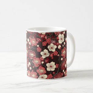 Dark Burgundy Sakura Floral Coral Blossom Pattern Coffee Mug