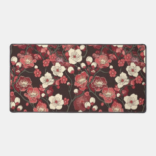 Dark Burgundy Sakura Floral Coral Blossom Pattern Desk Mat