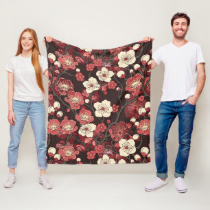 Dark Burgundy Sakura Floral Coral Blossom Pattern Fleece Blanket
