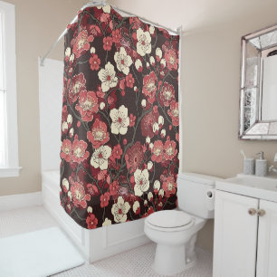 Dark Burgundy Sakura Floral Coral Blossom Pattern Shower Curtain