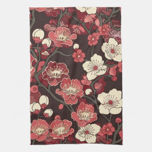 Dark Burgundy Sakura Floral Coral Blossom Pattern Tea Towel
