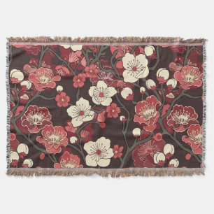 Dark Burgundy Sakura Floral Coral Blossom Pattern Throw Blanket