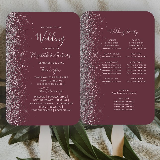 Dark Burgundy Silver Glitter Edge Wedding Program Hand Fan (Creator Uploaded)