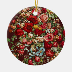 Dark Burgundy Victorian Rose Floral Ribbon Pattern Ceramic Ornament
