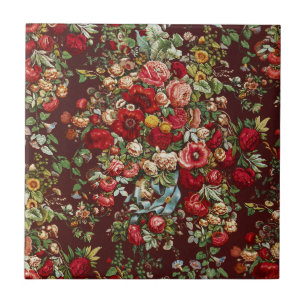 Dark Burgundy Victorian Rose Floral Ribbon Pattern Ceramic Tile