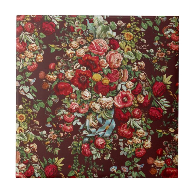 Dark Burgundy Victorian Rose Floral Ribbon Pattern Ceramic Tile (Front)