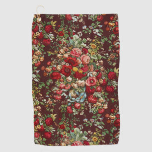 Dark Burgundy Victorian Rose Floral Ribbon Pattern Golf Towel
