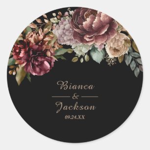 Dark Burgundy Watercolor Floral Wedding favor Classic Round Sticker