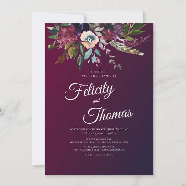 Dark Burgundy Watercolor Floral Wedding Invitation (Front)