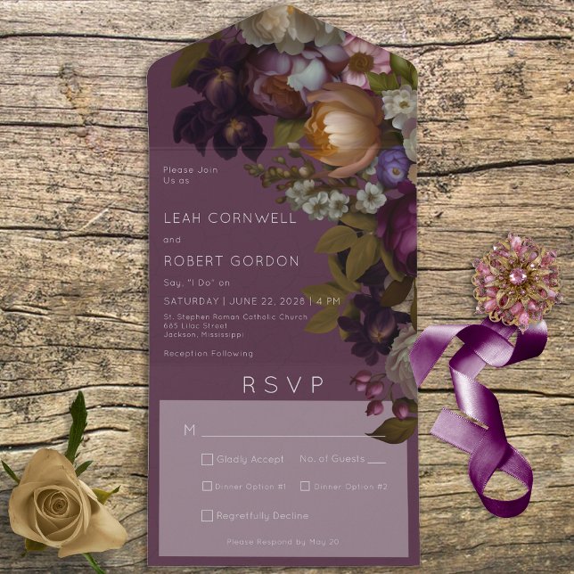 Dark Burgundy Wine Gothic Floral Dinner All In One Invitation (Creator Uploaded)