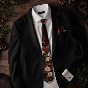 Dark Burgundy Winter Camellia & Cedar Black Floral Tie